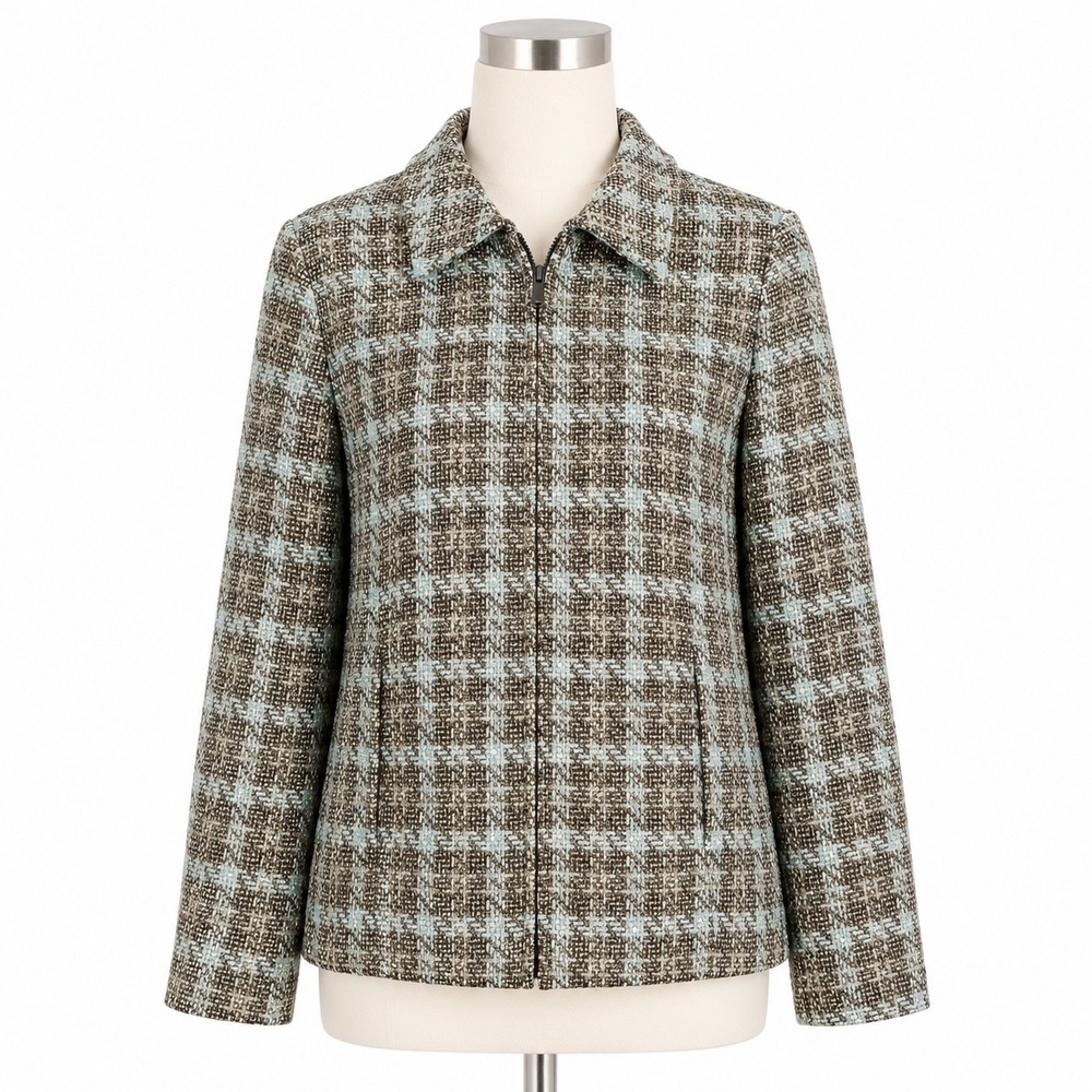 Chicos Tweed Plaid Jacket Blazer Size Small Quiet Luxury Equestrian Academia Zip